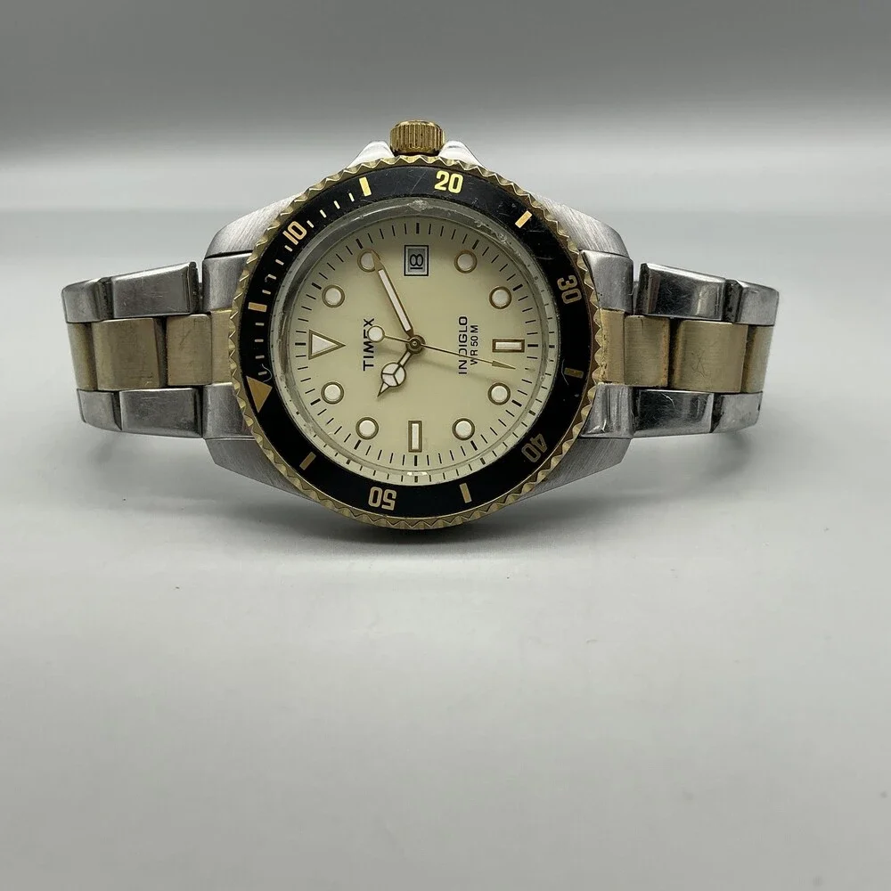 Timex Indiglo WR 50M Mens Watch 39mm Two Tone Diver Date New Battery 7.75